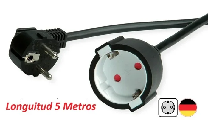 Cable prolongador SCHUKO 90º macho a SCHUKO hembra 5 metros. Negro