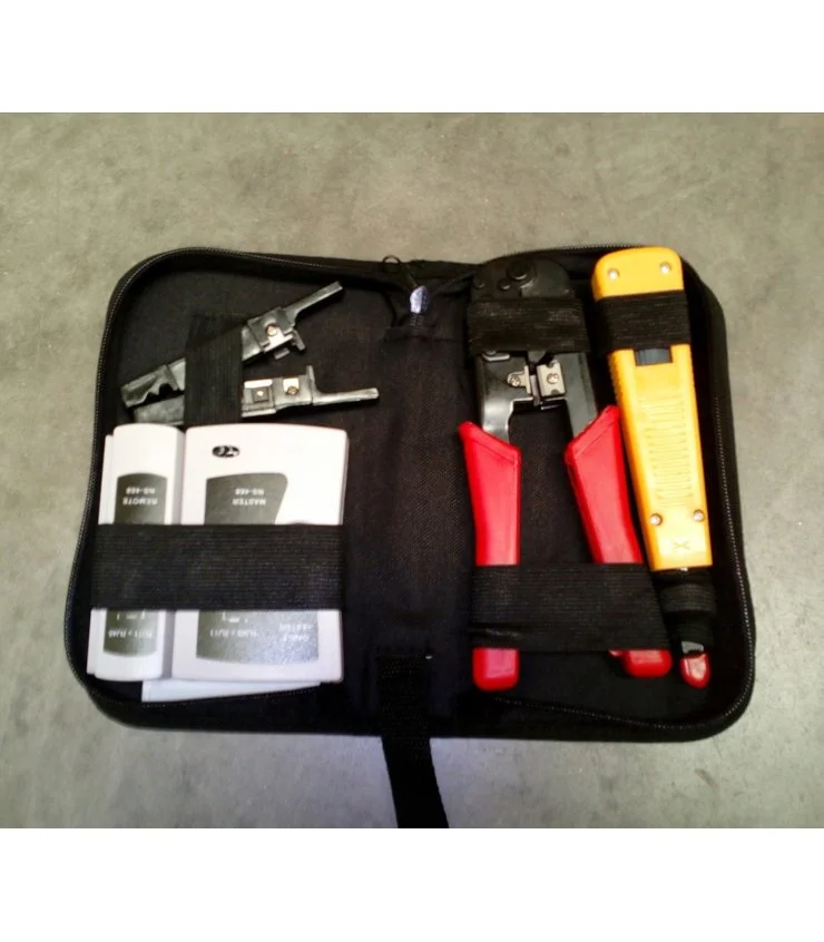 Maletín con testeador de cable de red para RJ45, RJ11, RJ12, herramienta de crimpar, pela cables y herramienta de impacto 110.