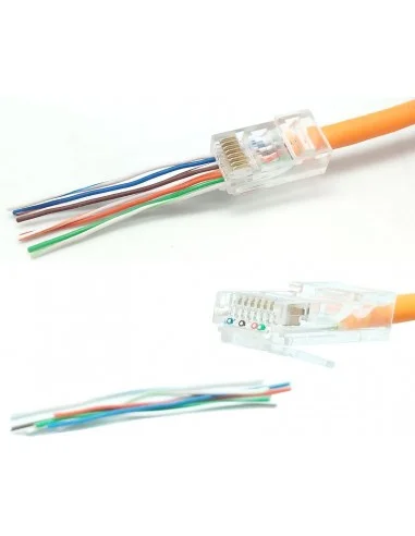 Conector macho RJ45 CAT6 UTP pasante cable rigido s/guía. bolsa 100 unidades.