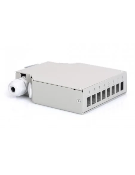 Caja fibra óptica carril DIN, 8 puertos LC duplex / 8 SC simples