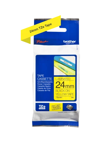 Cinta Laminada Ancho 24 mm Texto Negro Fondo Amarillo