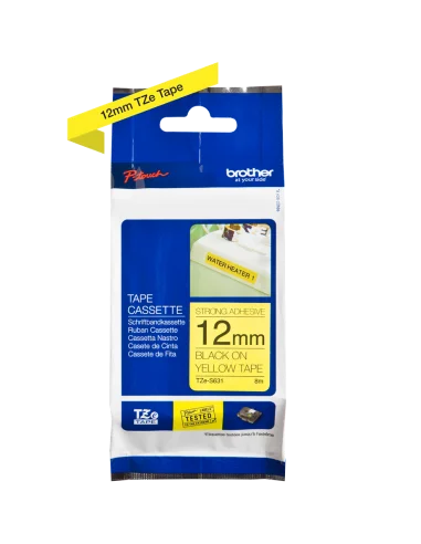 Cinta Laminada Ancho 12 mm súper adhesiva. Texto Negro Fondo Amarillo