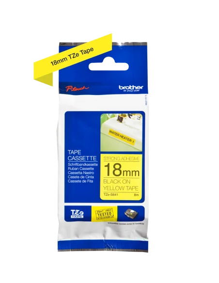 Cinta Laminada Ancho 18 mm súper adhesiva. Texto Negro Fondo Amarillo